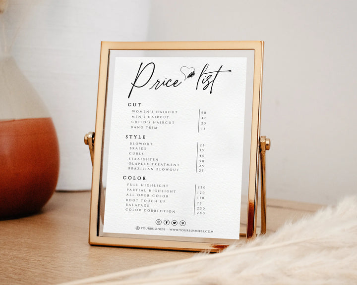 Price List Template, Small Business Price List, Editable Price Sheet, Pricing List, Salon Price List, Download, Modern, Minimal