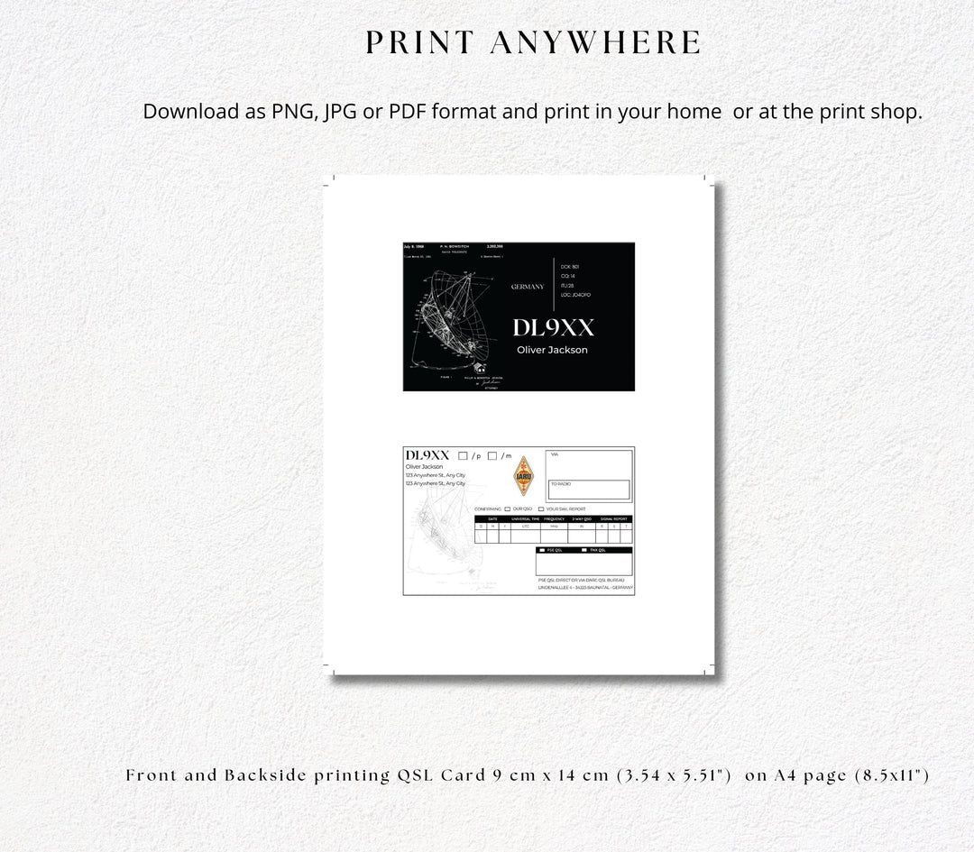 Custom qsl card template - print anywhere   - print in your home or at the print shop