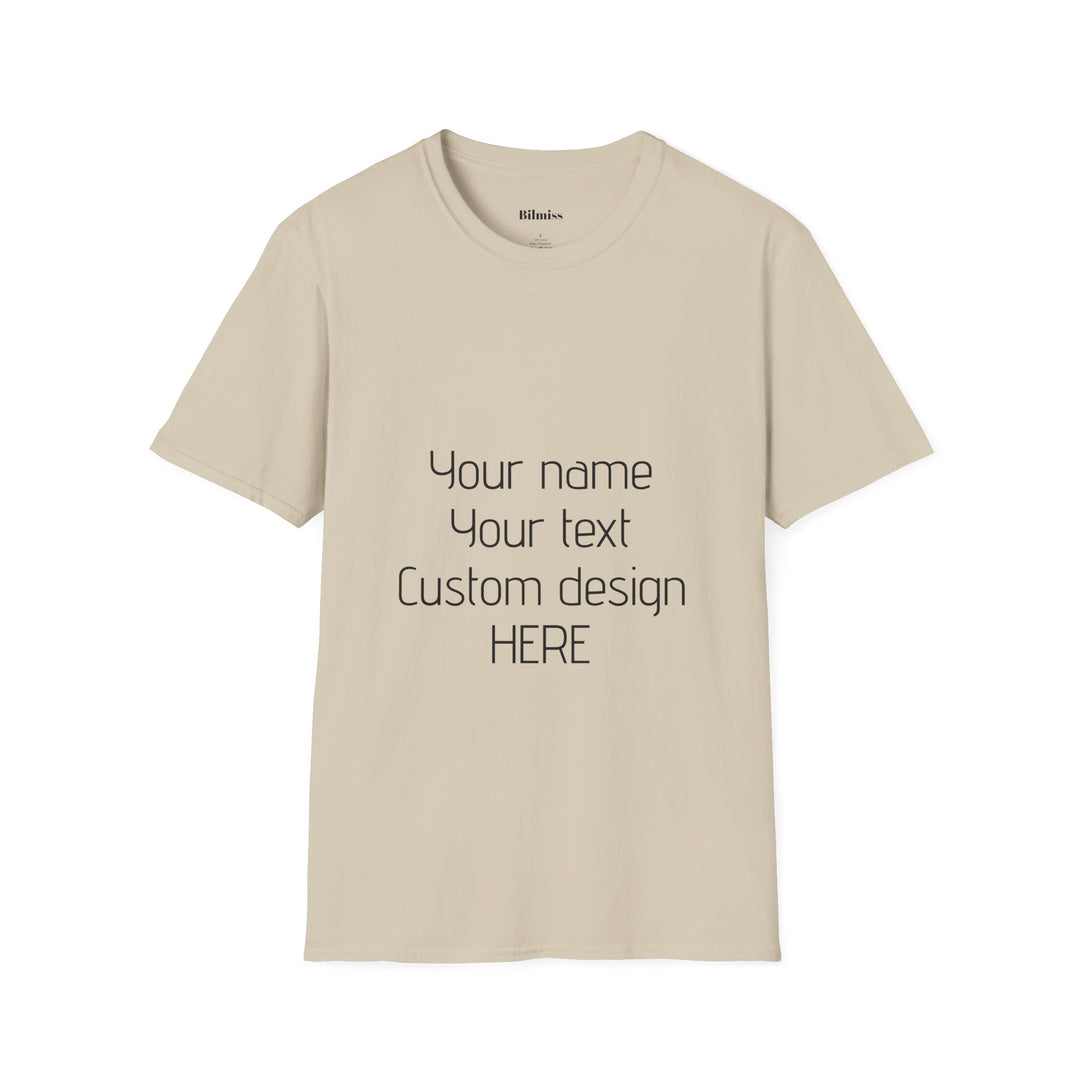 Beige t-shirt with customizable text and design on a white background