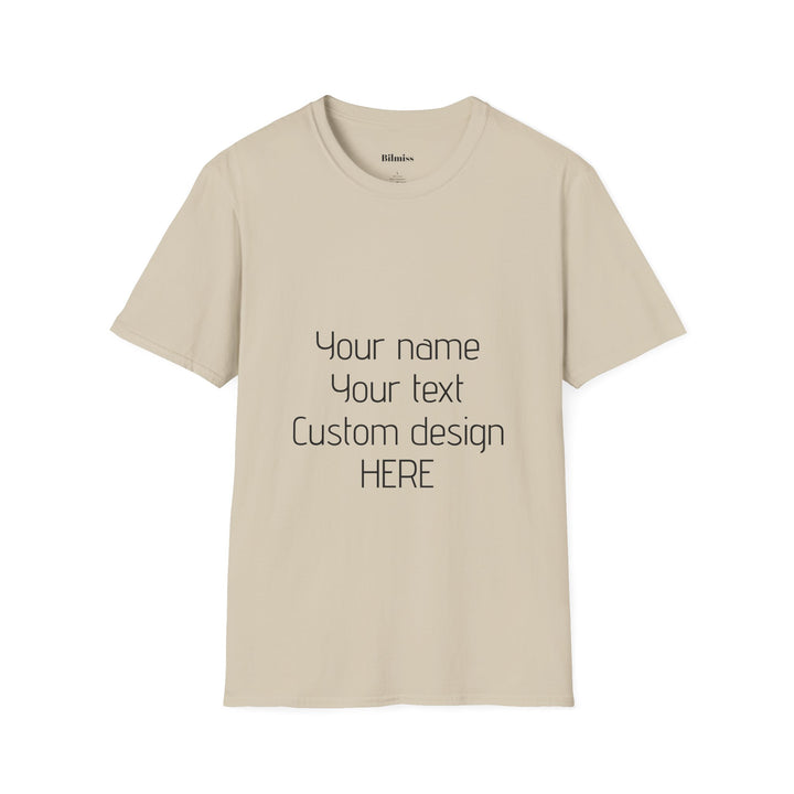 Beige t-shirt with customizable text and design on a white background