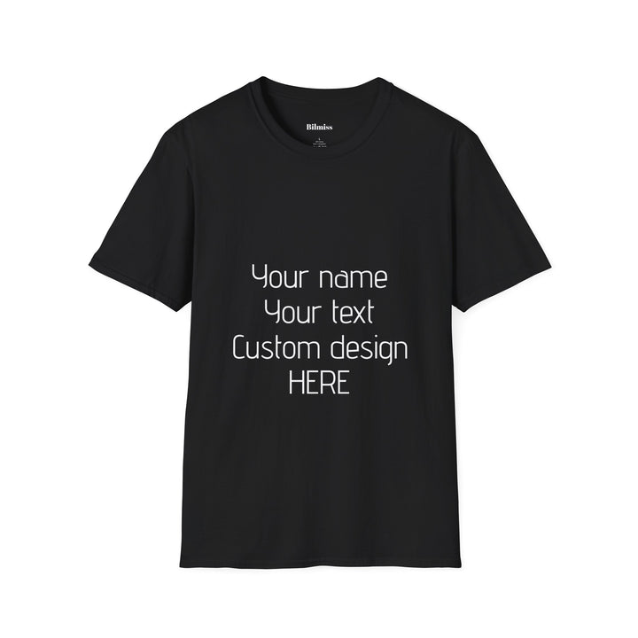 Black t-shirt with customizable text on a white background
