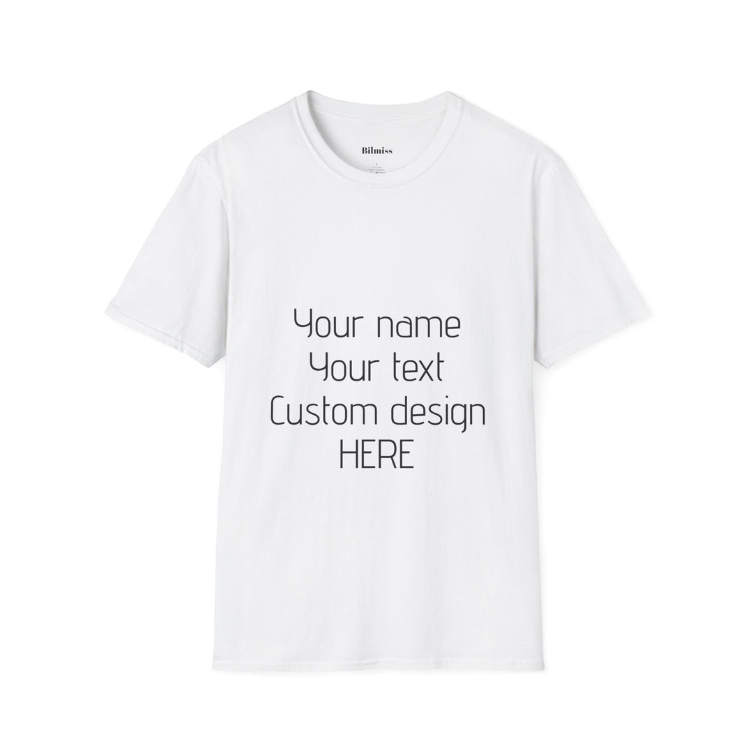 White t-shirt with customizable text and design area on a white background
