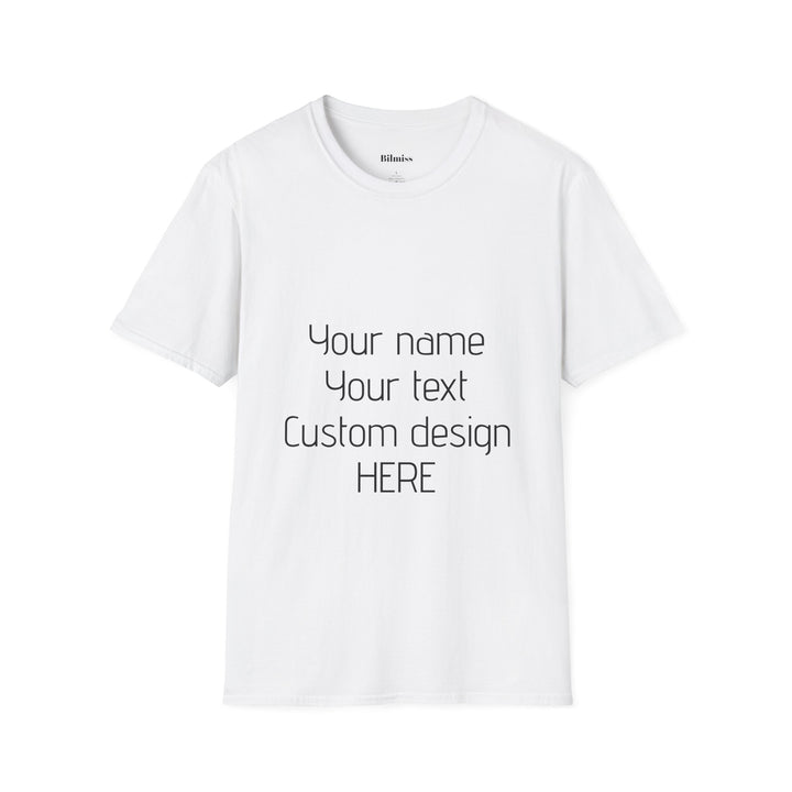 White t-shirt with customizable text and design area on a white background