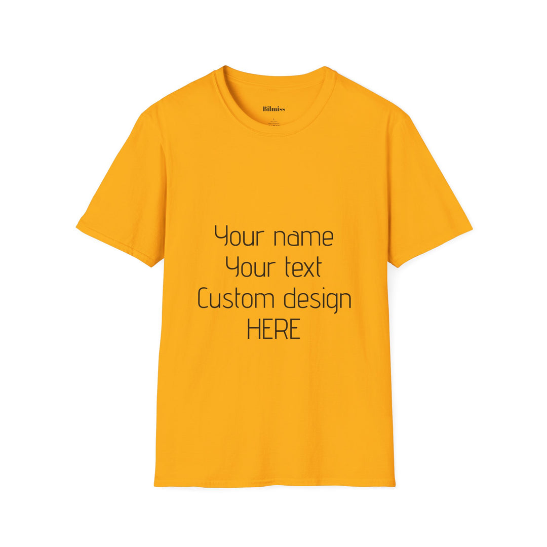 Yellow t-shirt with customizable text on a white background
