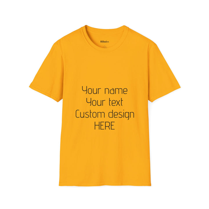 Yellow t-shirt with customizable text on a white background