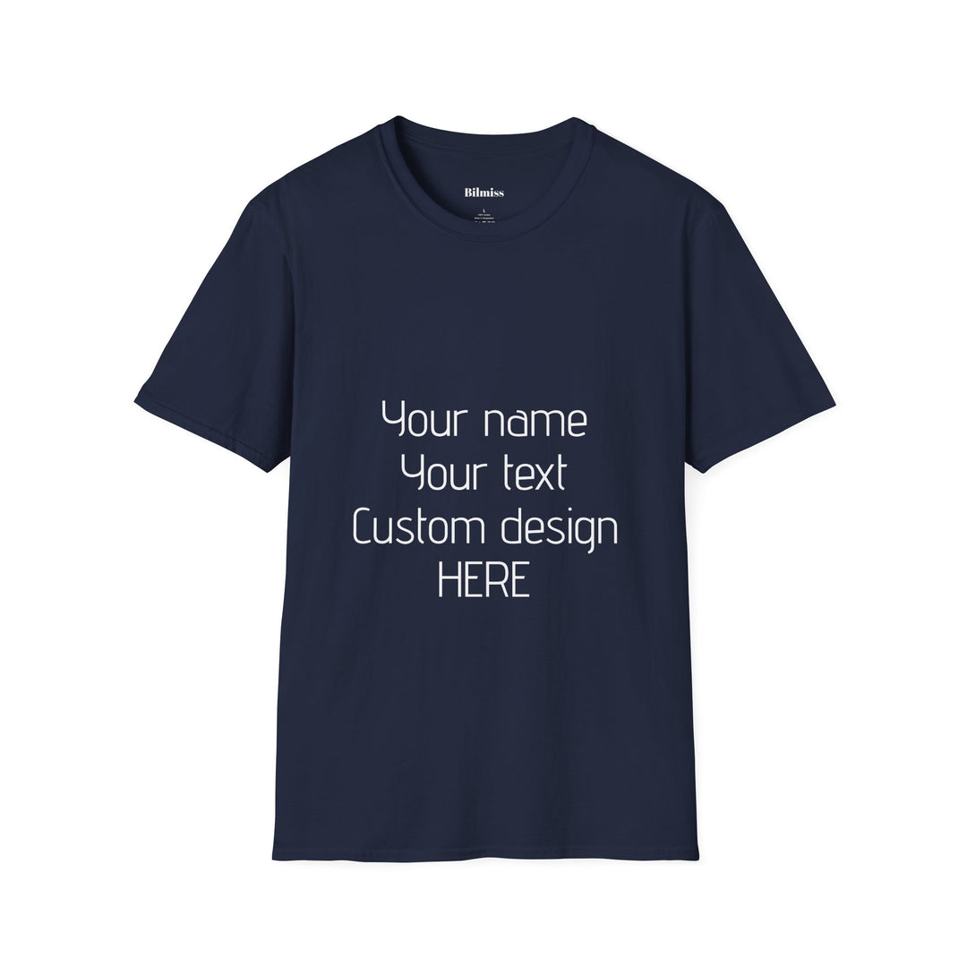 Navy blue t-shirt with customizable text on a white background