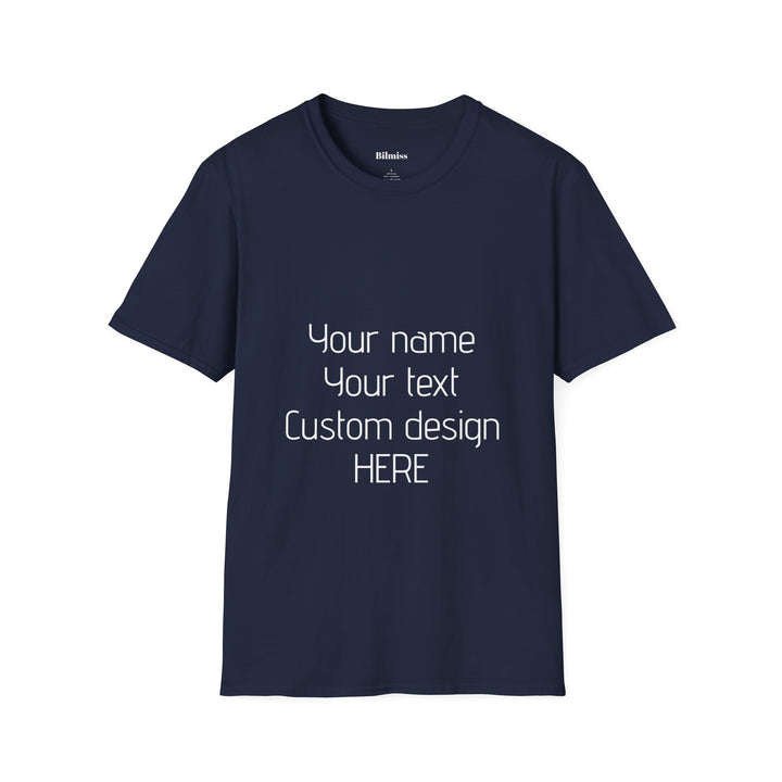 Navy blue t-shirt with customizable text on a white background