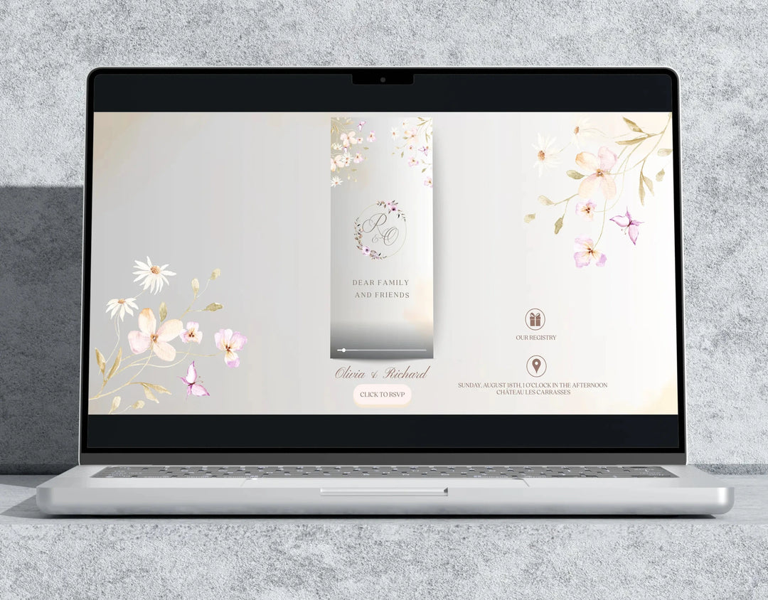 HD floral wedding video invitation by Bilmiss – animated watercolor flowers, elegant script names, and modern event webpage integration.