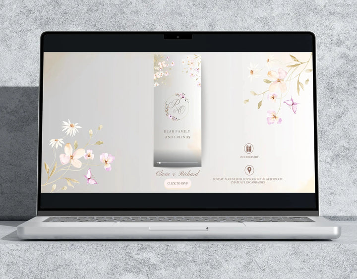 HD floral wedding video invitation by Bilmiss – animated watercolor flowers, elegant script names, and modern event webpage integration.