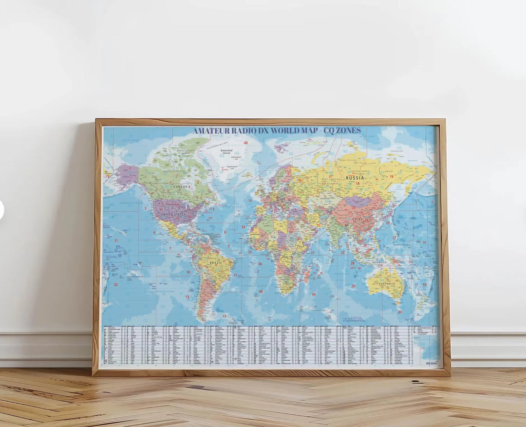 Ham Radio DX World Map Poster – CQ Zones &amp; DXCC Prefix Reference Wall Art