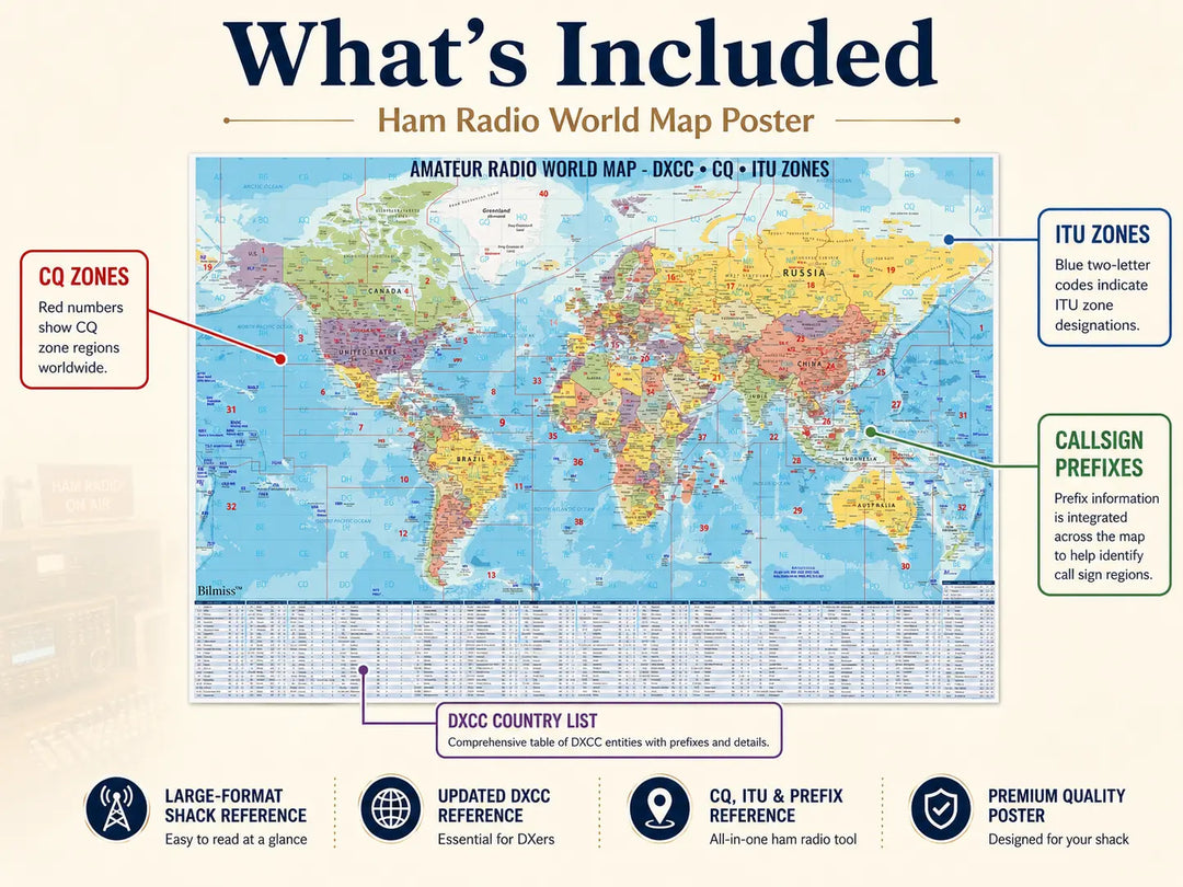 Ham Radio DX World Map Poster | DXCC, CQ Zones &amp; ITU Zones Reference