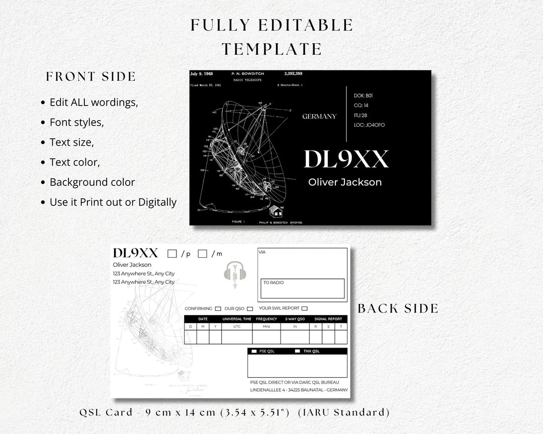 Editable personalized QSL cards for ham radio operators – printable template