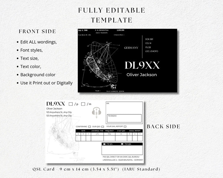 Editable personalized QSL cards for ham radio operators – printable template