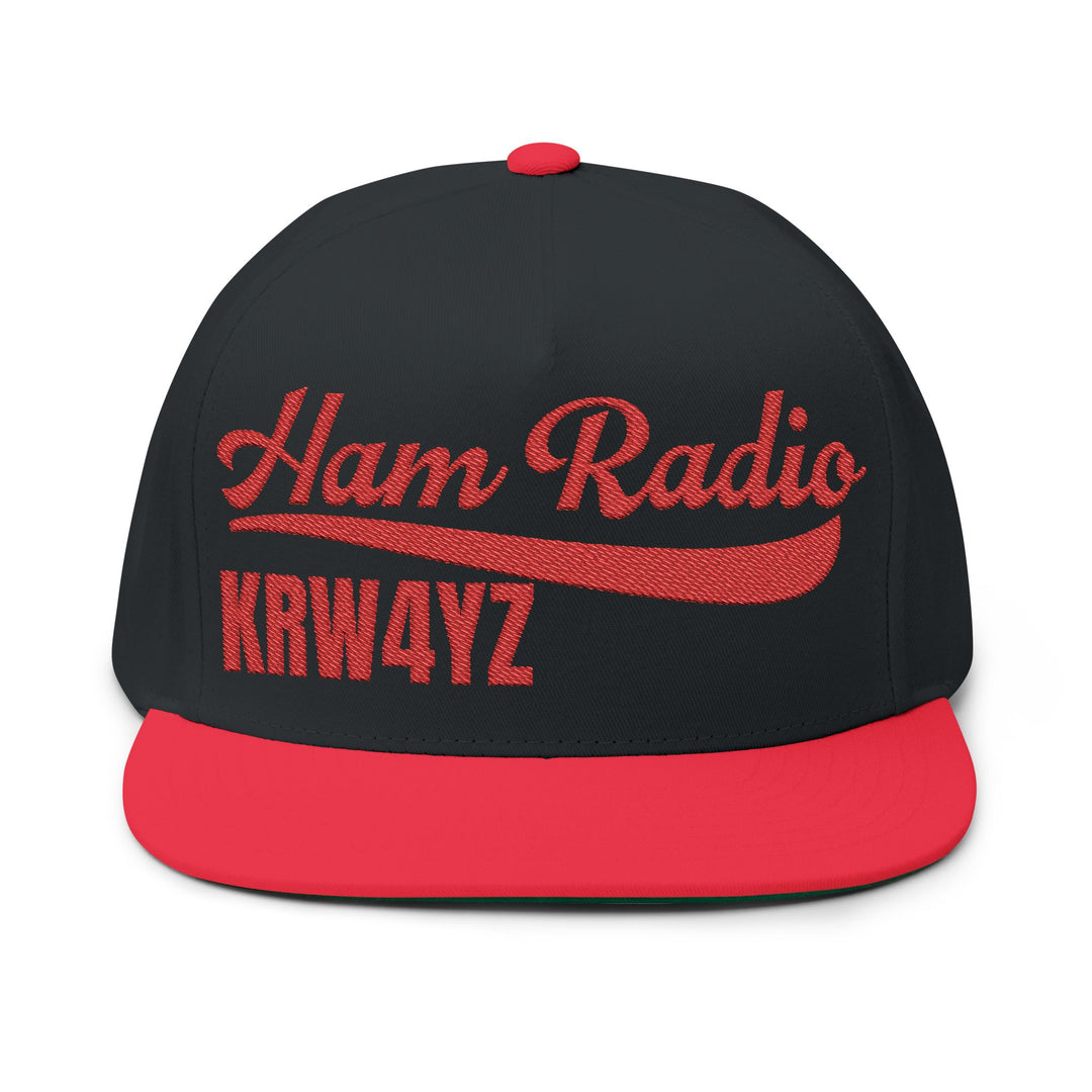 Embroidered amateur radio callsign snapback cap with high-profile five-panel design