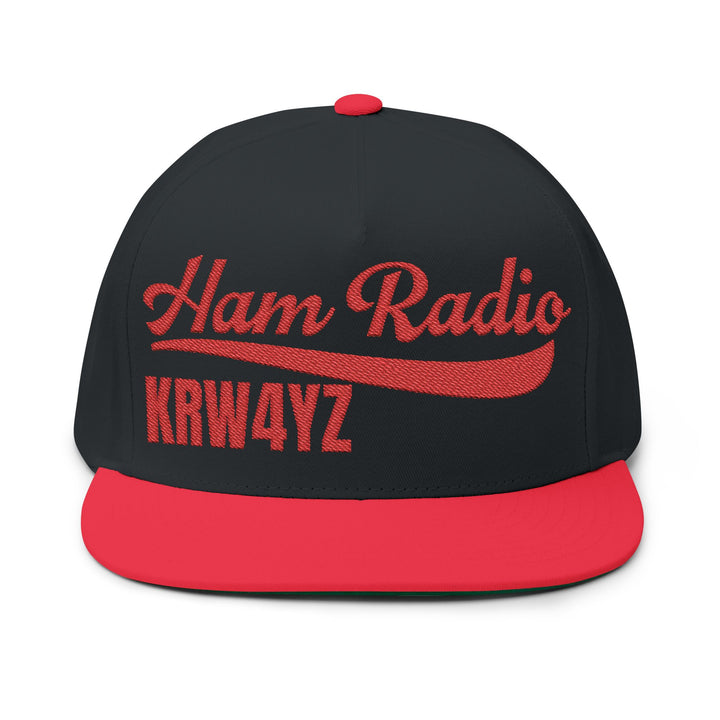 Embroidered amateur radio callsign snapback cap with high-profile five-panel design