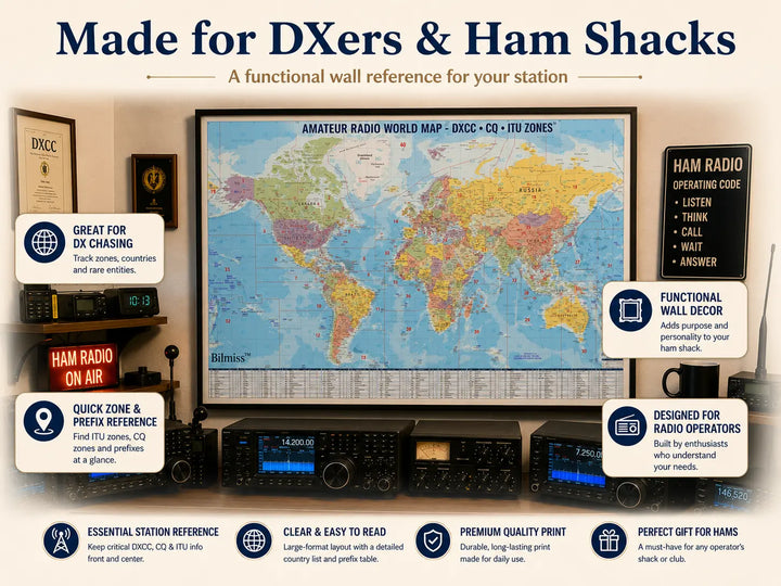 Ham Radio DX World Map Poster | DXCC, CQ Zones &amp; ITU Zones Reference