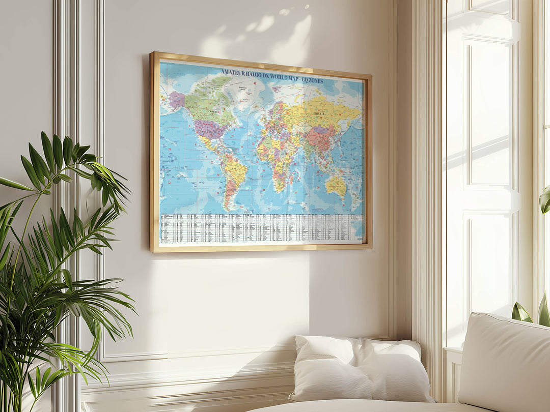 Ham Radio DX World Map Poster – CQ Zones &amp; DXCC Prefix Reference Wall Art