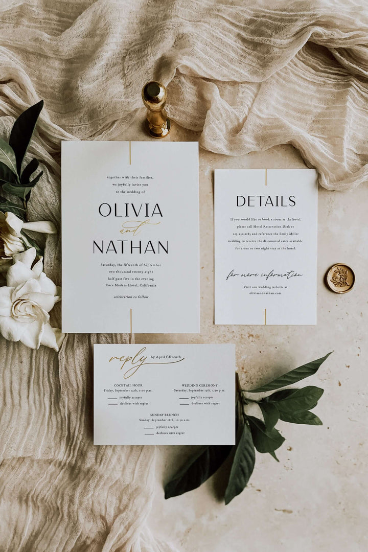 Gold Fine Line Wedding Invitation Template – Elegant Minimalist Gold Line Set with Rsvp & Details