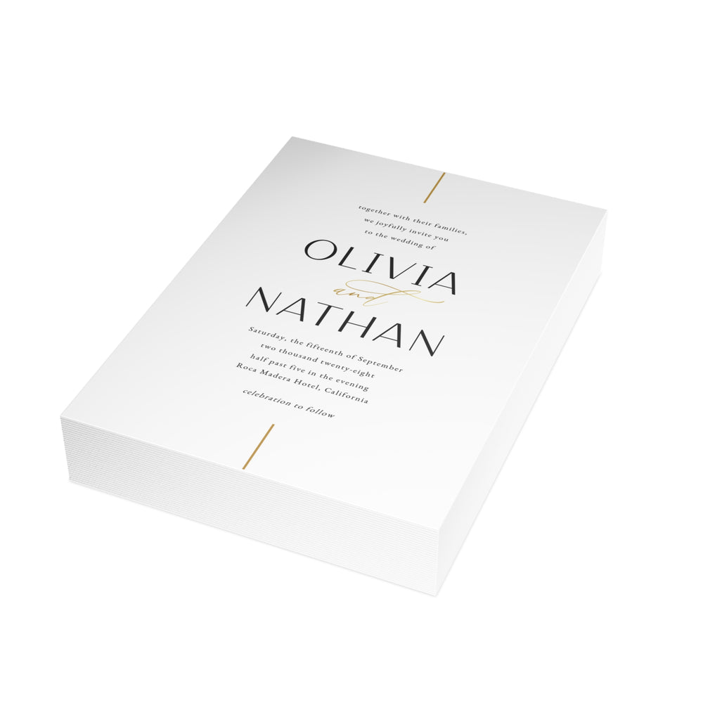Printed minimalist wedding invitation card – gold line design, 5x7 inches