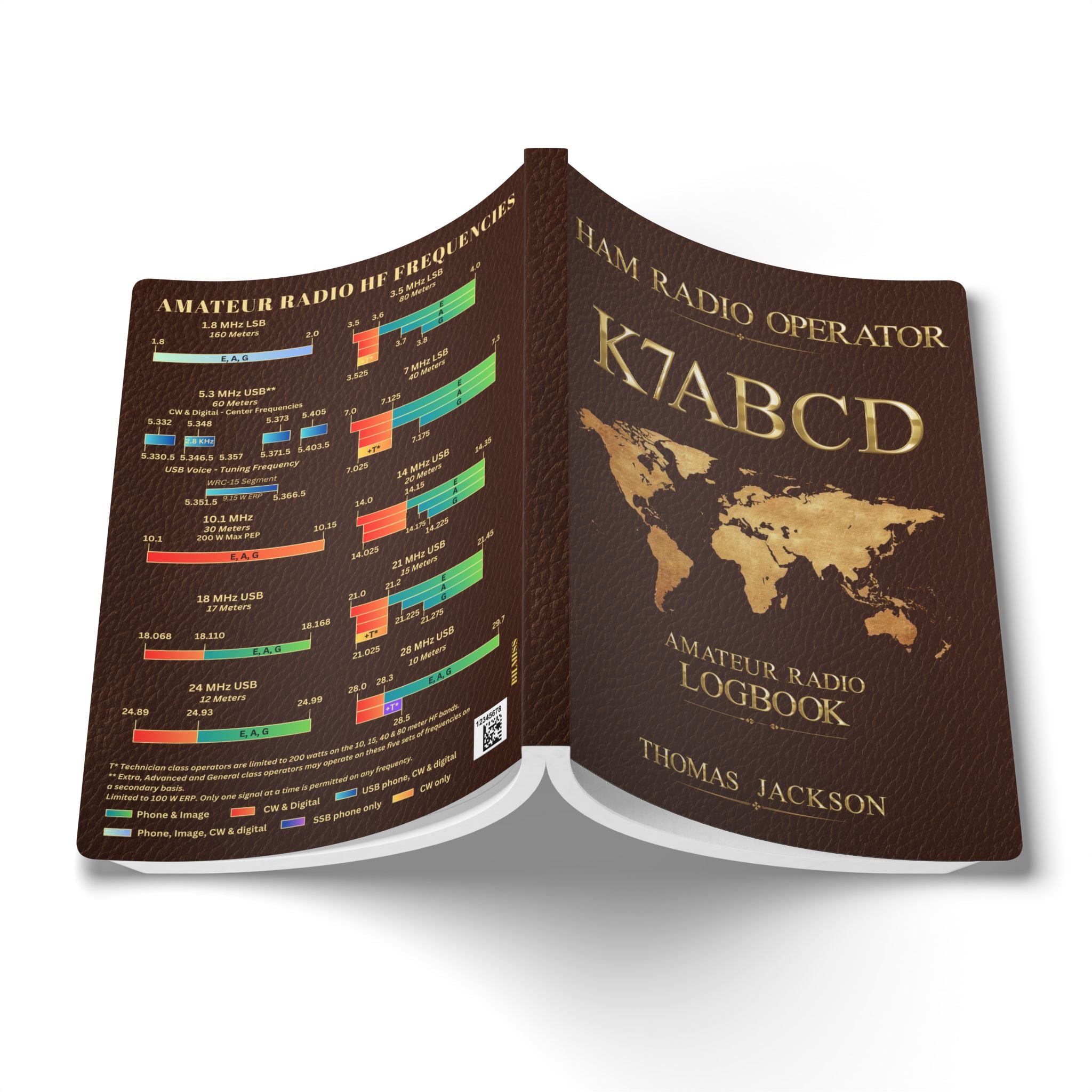 An open logbook-style book titled 'HAM RADIO OPERATOR, custom callsign, AMATEUR RADIO LOGBOOK' and operator name & surname, shown on a white background. The pages are dark brown with gold lettering and a gold world map on the cover, and the interior contains multicolored frequency charts.
