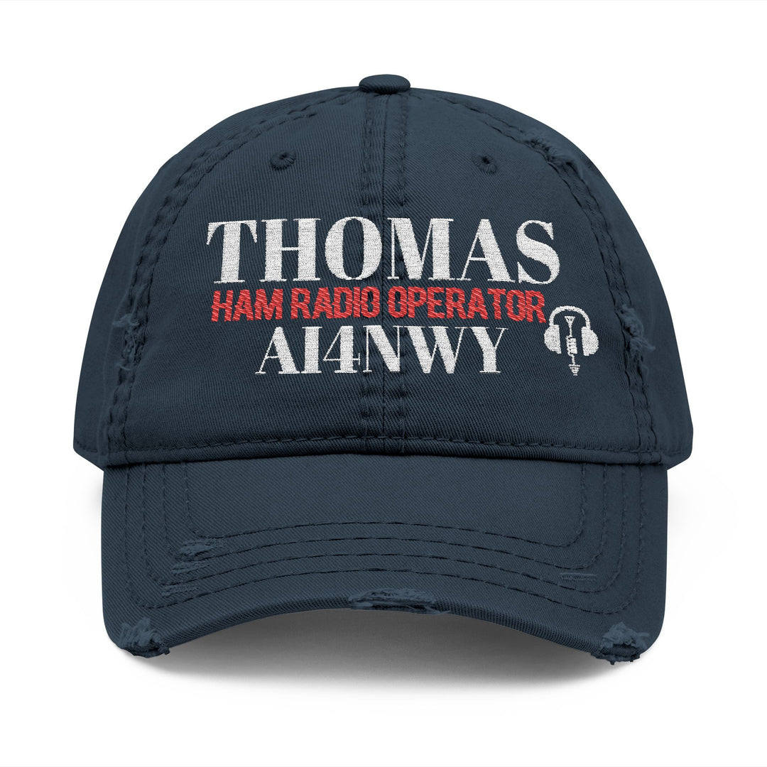 This navy custom embroidery distressed ham radio cap hat brings effortless style and comfort to your casual look. It makes a thoughtful gift for amateur radio operators, dads, and grandpas. Personalize it with your unique call sign for a one-of-a-kind look. 