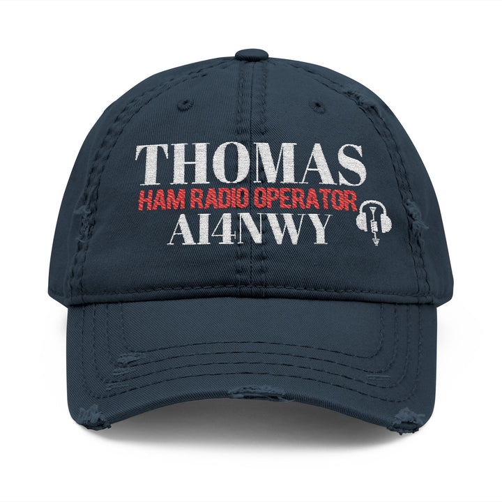 This navy custom embroidery distressed ham radio cap hat brings effortless style and comfort to your casual look. It makes a thoughtful gift for amateur radio operators, dads, and grandpas. Personalize it with your unique call sign for a one-of-a-kind look. 