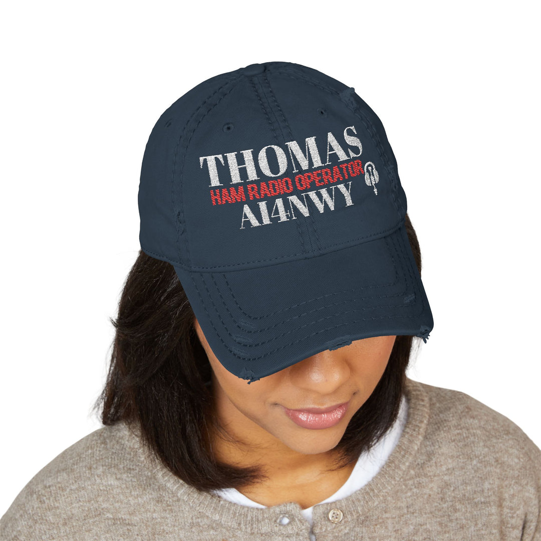 This navy custom embroidery distressed ham radio cap hat brings effortless style and comfort to your casual look. 