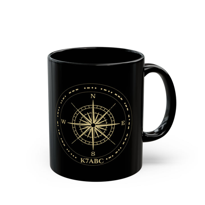 Personalized compass-themed ham radio coffee mug displayed on a radio shack desk during everyday operating.