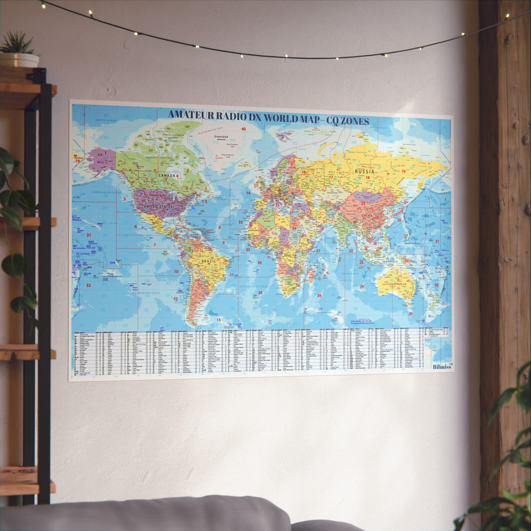 Ham Radio DX World Map poster featuring CQ Zones and DXCC country prefix reference wall art for amateur radio operators