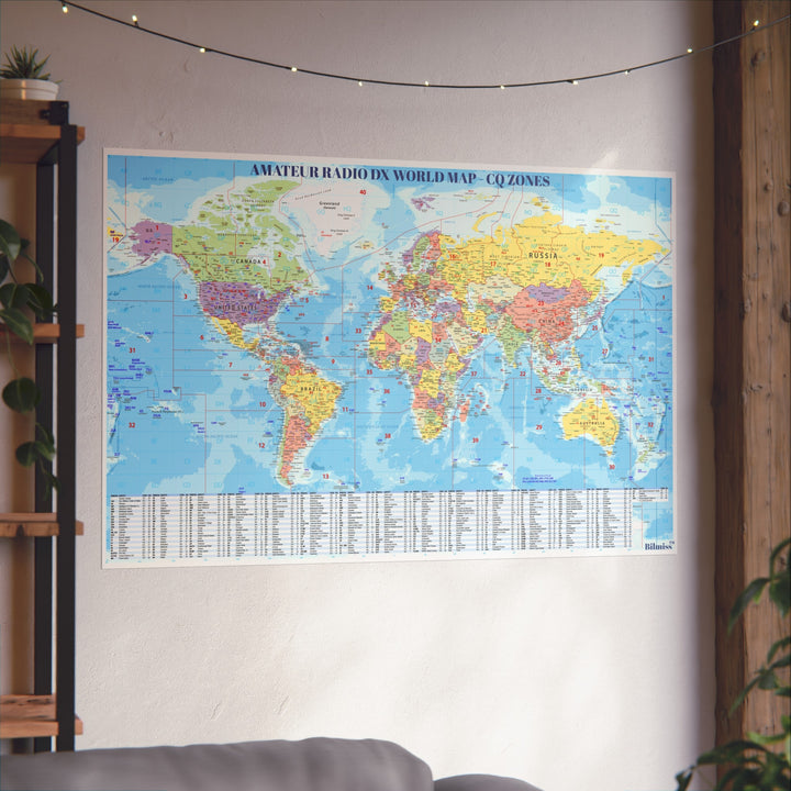 Ham Radio DX World Map poster featuring CQ Zones and DXCC country prefix reference wall art for amateur radio operators