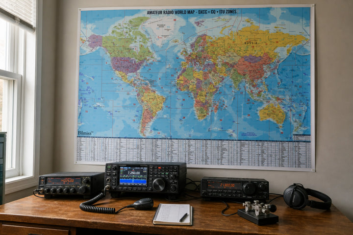 Ham Radio DX World Map Poster showing DXCC entities, CQ Zones, ITU Zones and international callsign prefixes