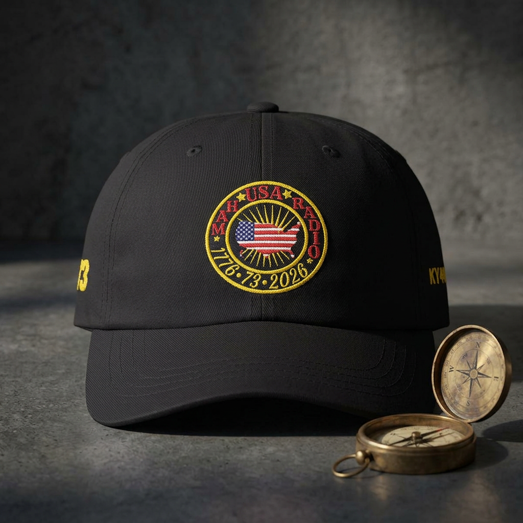 Ham radio trucker hat with usa map and usa ham radio & 1776, 73, 20226 embroidered on it