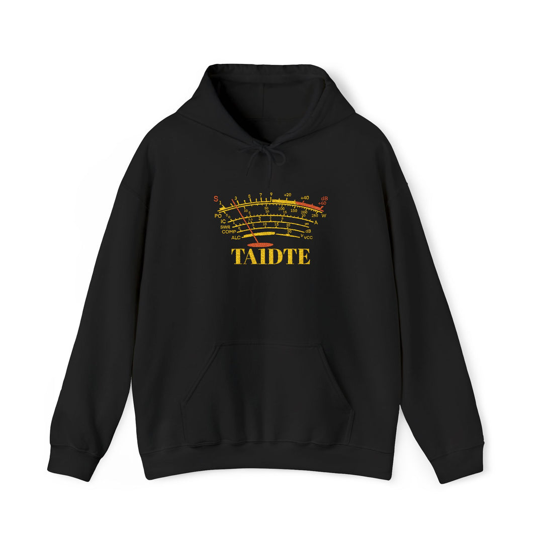 Personalized ham radio hoodie embroidered with custom callsign and colorful S Meter design