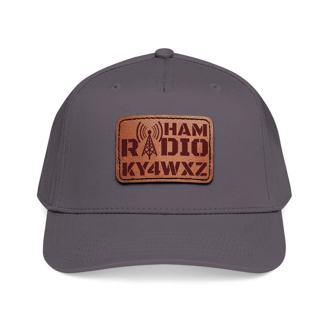 Ham radio operator leather patch cap personalized with callsign and adjustable snap closure