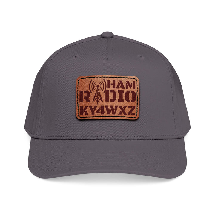 Ham radio operator leather patch cap personalized with callsign and adjustable snap closure