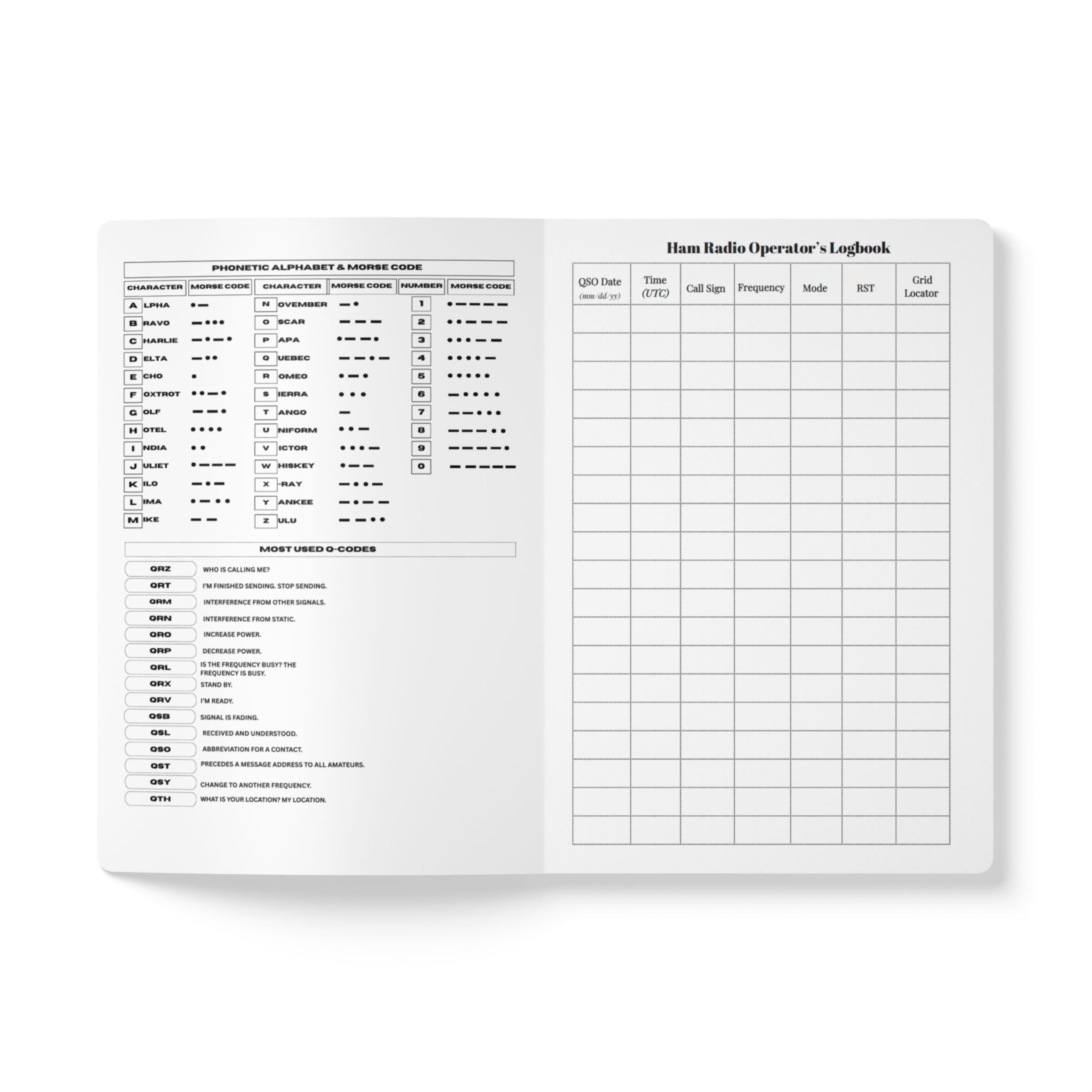 Ham Radio Operator's Logbook with grid and text on a white background