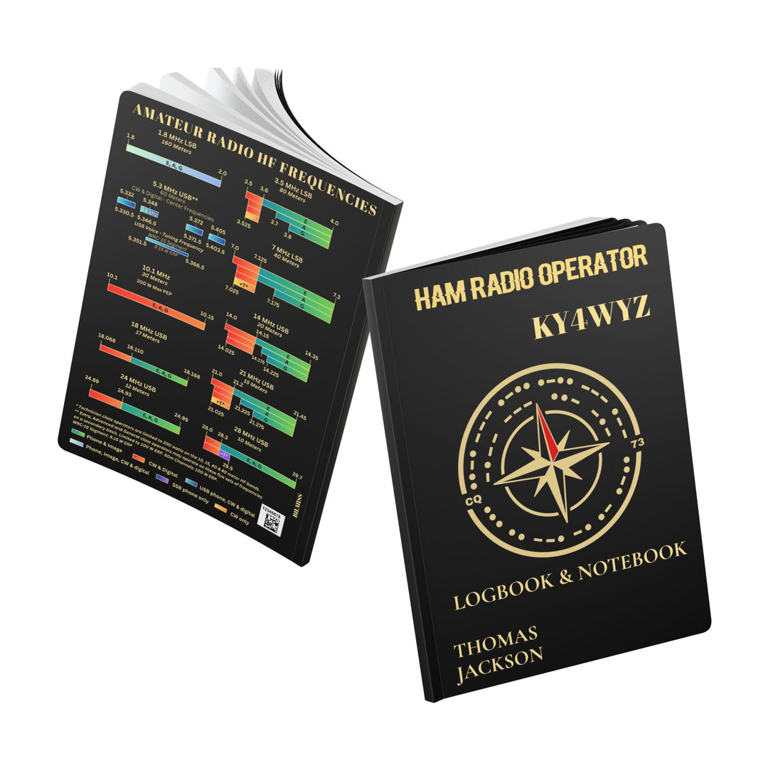 Personalized Ham Radio Logbook featuring a custom callsign, operator name, compass rose, and hidden Morse code on the front cover and Back cover of the Ham Radio Logbook featuring HF band information, Morse code, NATO phonetic alphabet, and essential amateur radio operating references.