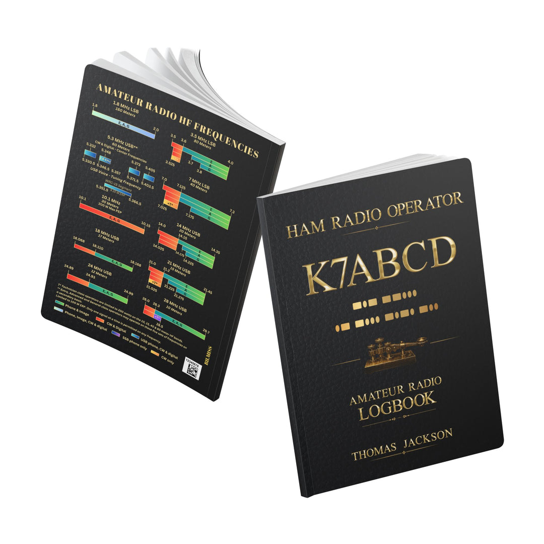  Personalized Ham Radio Logbook featuring a custom callsign, full name, and personalized Morse code on the front cover. Back cover of the Ham Radio Logbook featuring HF band information, Morse code, NATO phonetic alphabet, and essential amateur radio operating references.
