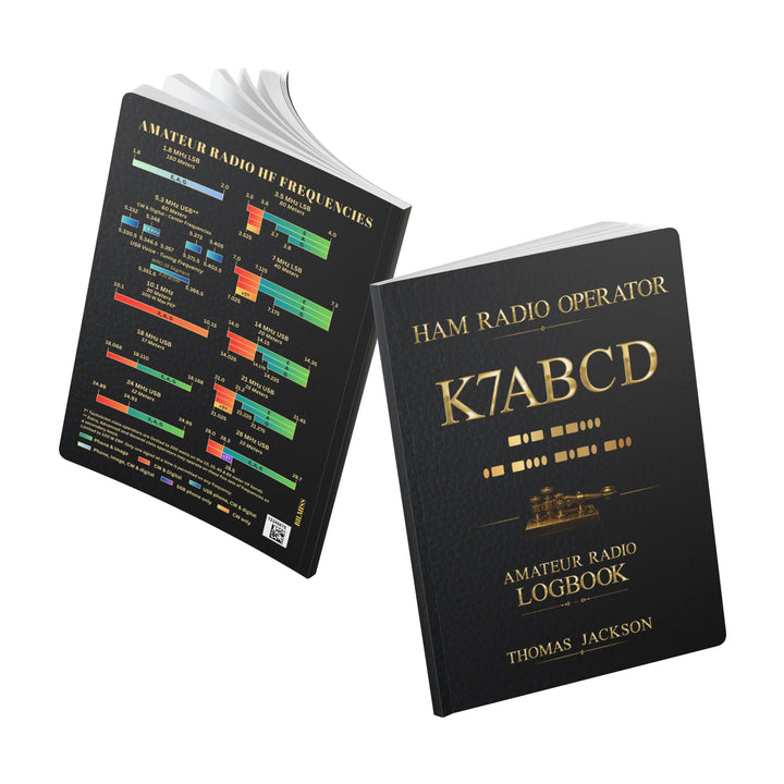  Personalized Ham Radio Logbook featuring a custom callsign, full name, and personalized Morse code on the front cover. Back cover of the Ham Radio Logbook featuring HF band information, Morse code, NATO phonetic alphabet, and essential amateur radio operating references.