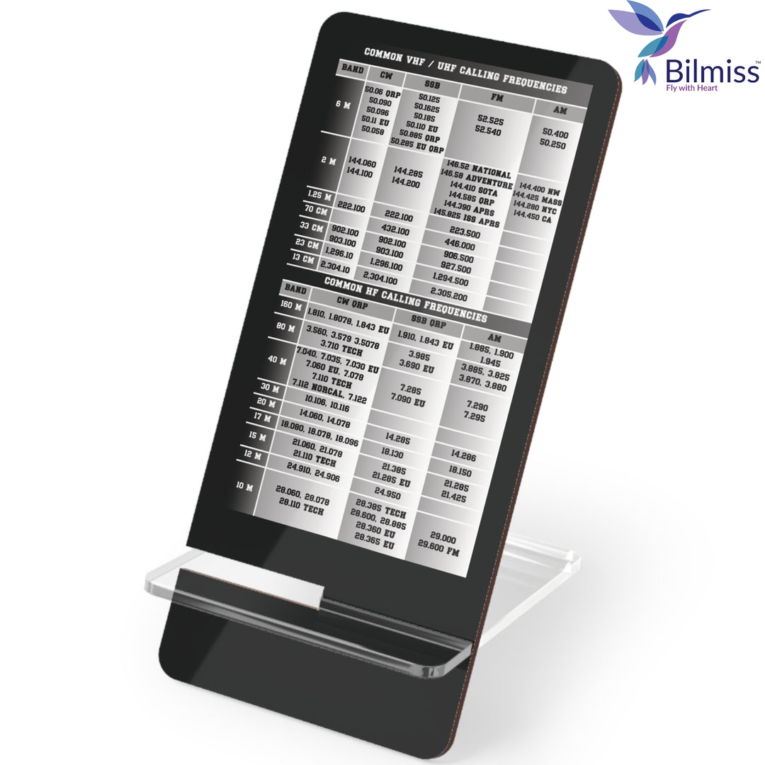 Bilmiss Ham Radio Mobile Phone Stand with HF, VHF &amp; UHF Calling Frequency Chart - Specially designed for amateur radio operators, this mobile phone stand keeps the HF (High Frequency), VHF (Very High Frequency), and UHF (Ultra High Frequency) calling frequencies right in front of you for quick reference.