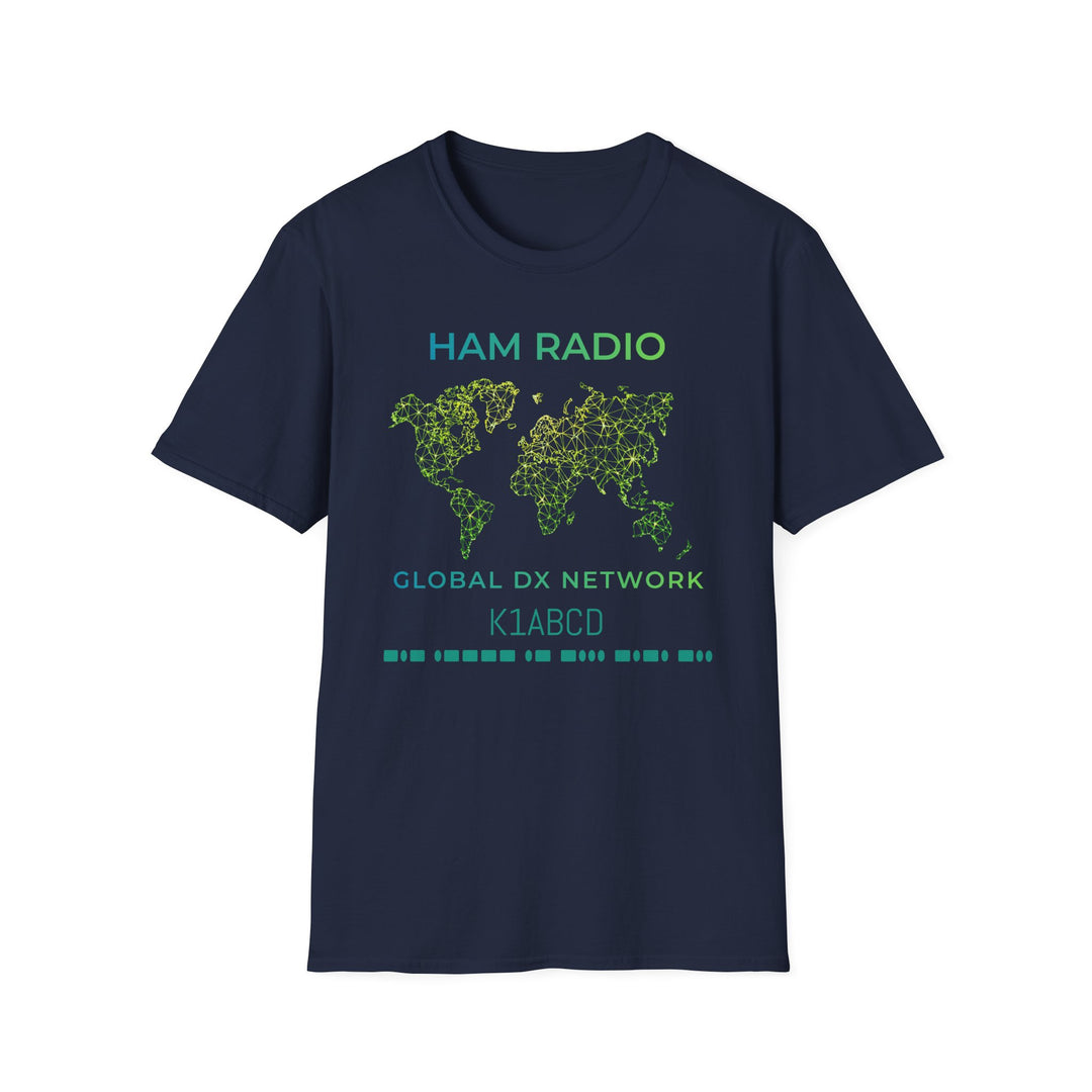 Ham Radio T-Shirt with Global DX Network world map design & morse code callsign for amateur radio operators and DX chasers