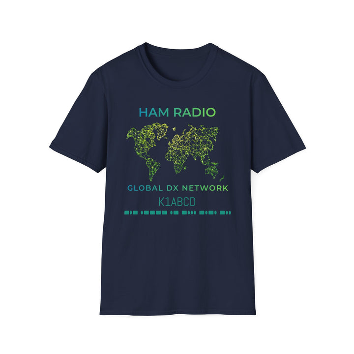 Ham Radio T-Shirt with Global DX Network world map design &amp; morse code callsign for amateur radio operators and DX chasers