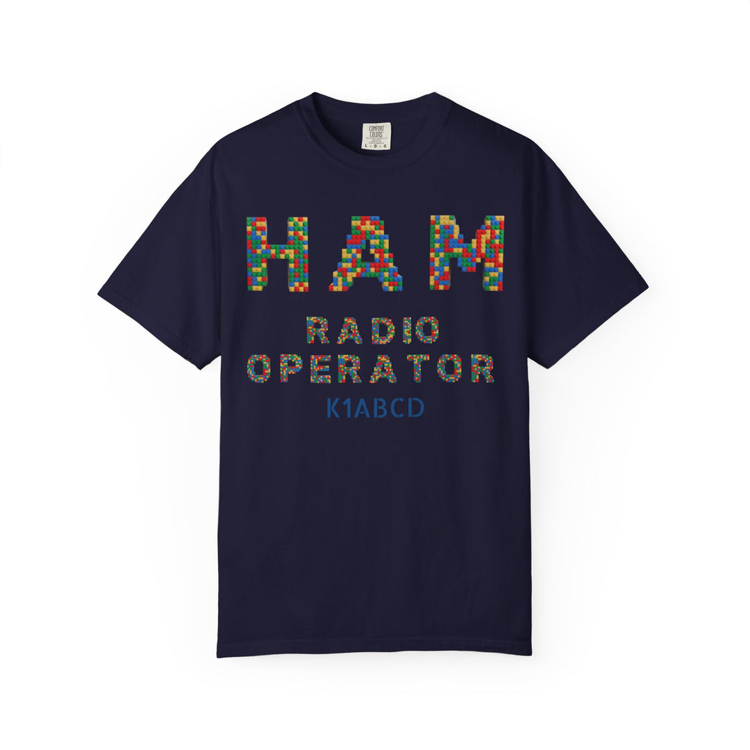 Colorful Ham Radio Operator T-Shirt with mosaic-style lettering for amateur radio enthusiasts