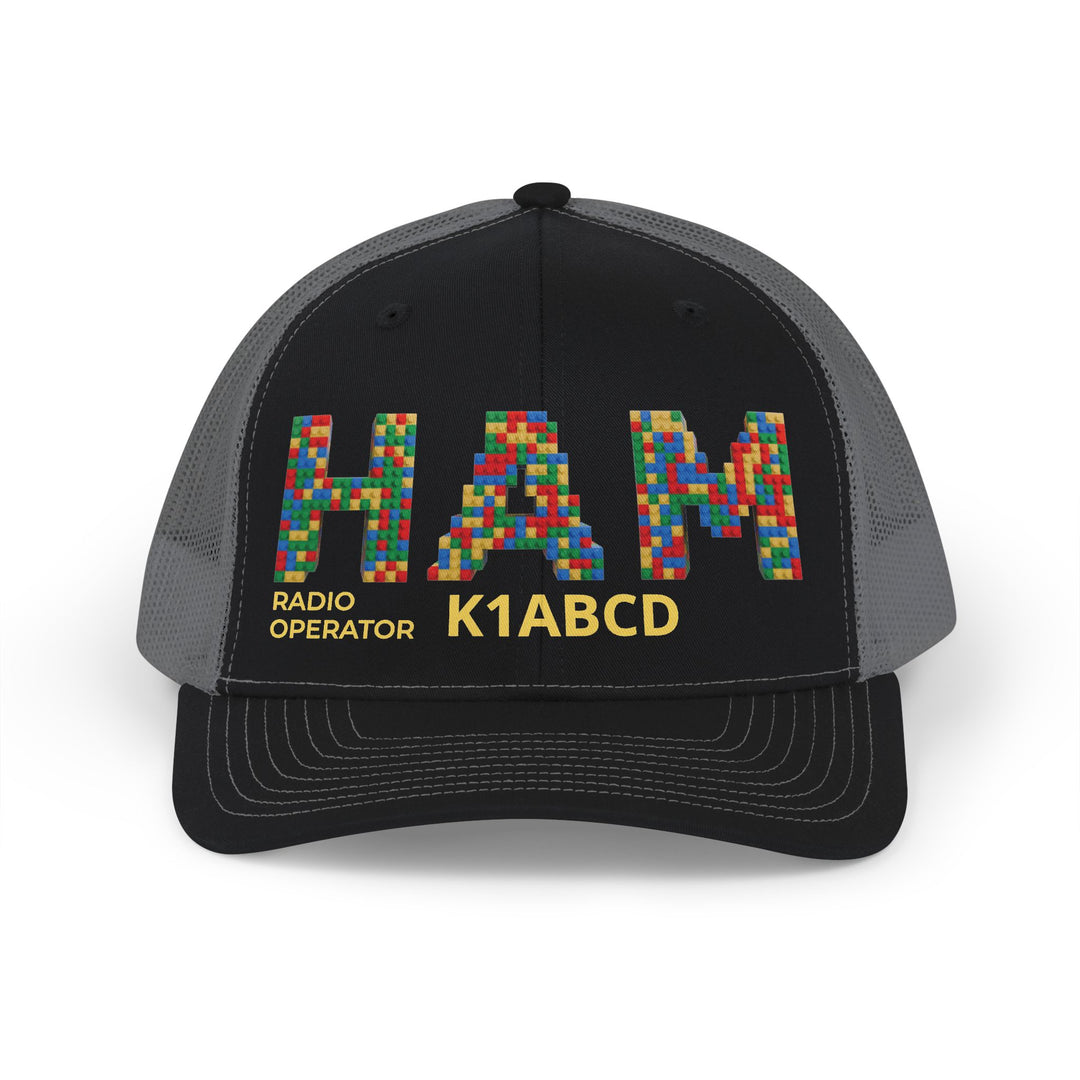Ham Radio Operator trucker hat with colorful mosaic-style amateur radio design