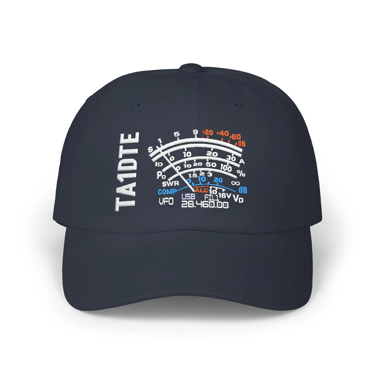 A navy blue baseball cap featuring a white, blue, and orange graphic on the front that resembles a vintage radio S meter graphic with the text 'TA1DTE' embroidered vertically on the left side of the graphic.