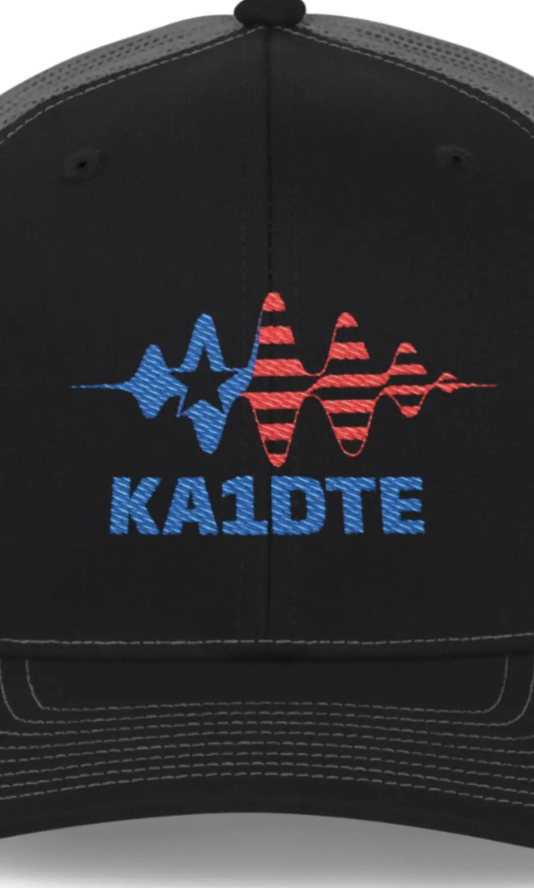 Black amateur radio custom Richardson 112 trucker cap featuring a custom embroidered soundwave design with a blue star on the left and red on the right, above the ham radio callsign'KA1DTE' in blue.