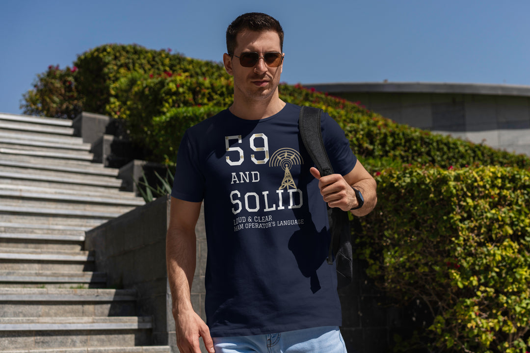 “59 and solid” – the perfect signal report for amateur radio. A clean, bold design for operators who love clear QSOs and DXing. Features a subtle antenna graphic for licensed hams, shack builders, and RF lovers. Great for field days, contests, or casual wear.