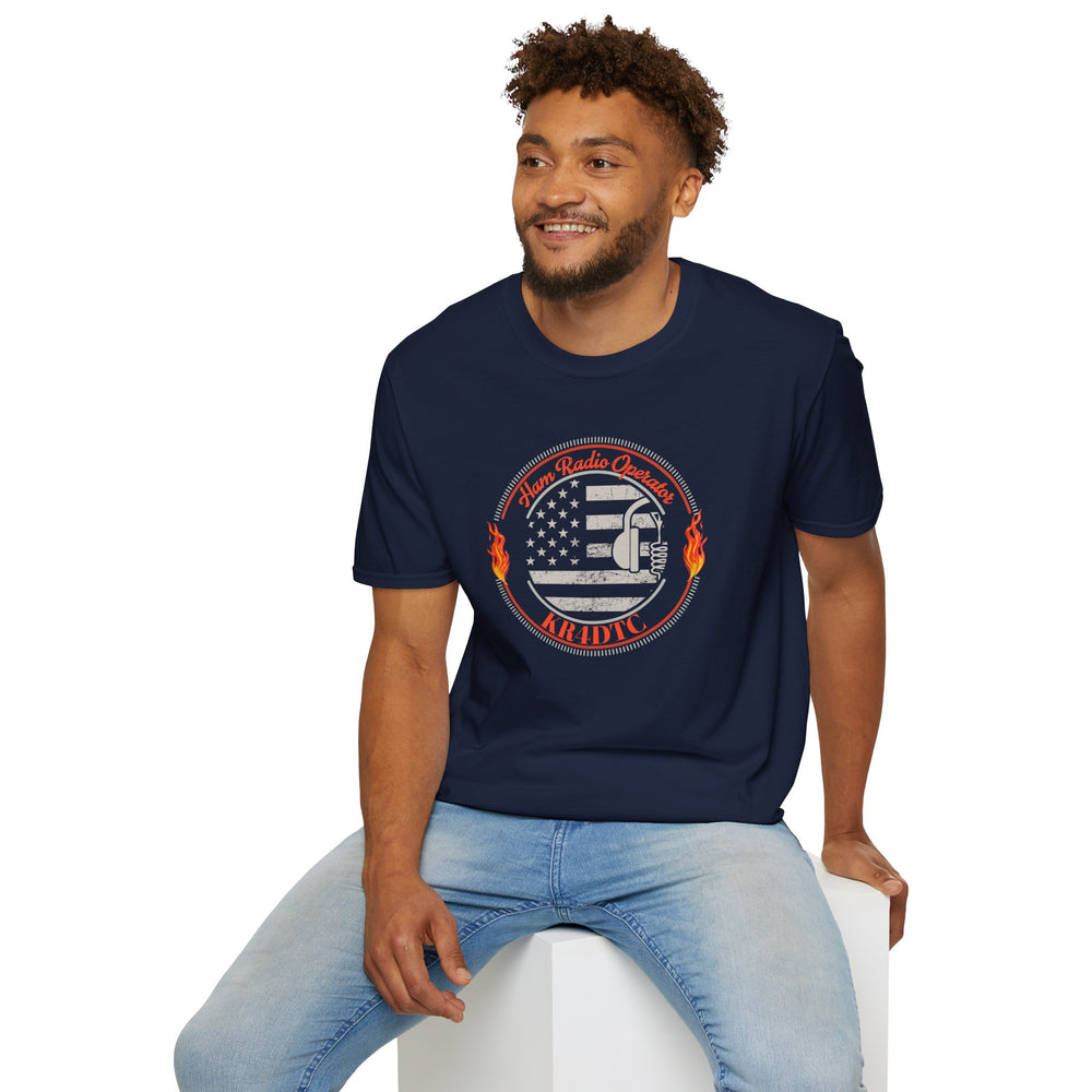 Navy blue ham radio t-shirt  on a man model with a graphic of us flag and text "callsign" on it and labeled Bilmiss