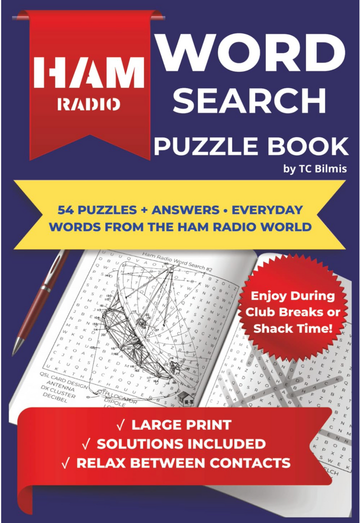 Ham Radio Word Search Puzzle Book cover with text and illustration of a puzzle book.