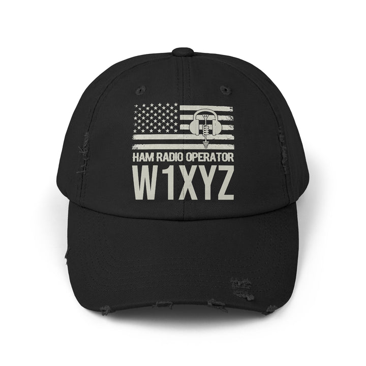 Black cap with American flag and ham radio operator text on a white background